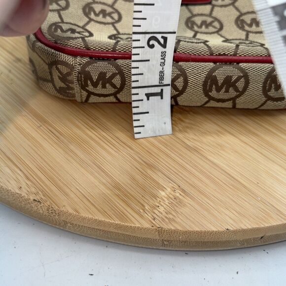 Michael Kors Tan Monogram Mini Crossbody Bag Red Leather Trim Chain Strap - Picture 12 of 12